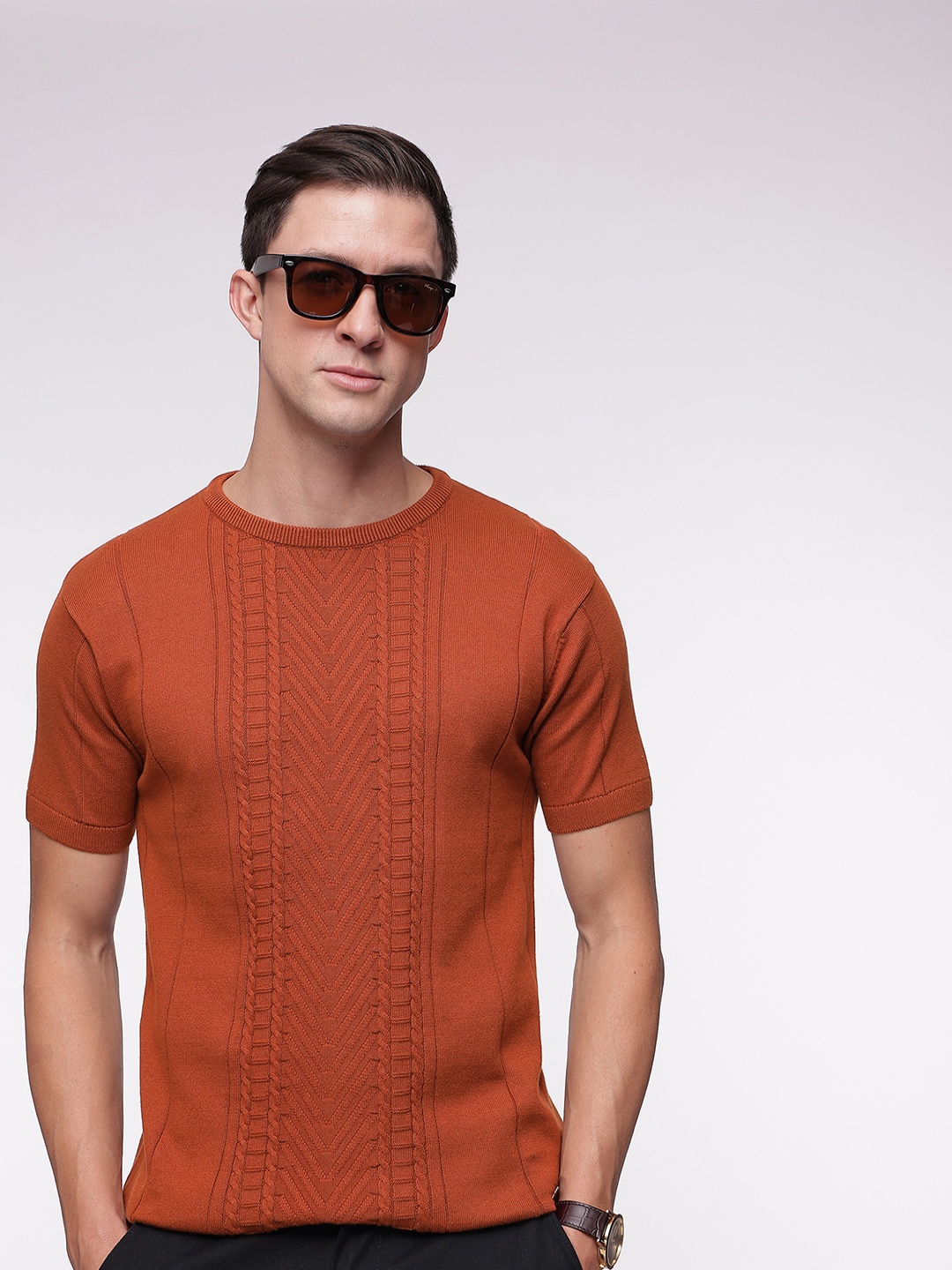 

French Connection Self Design Pure Cotton Round Neck T-shirt, Rust