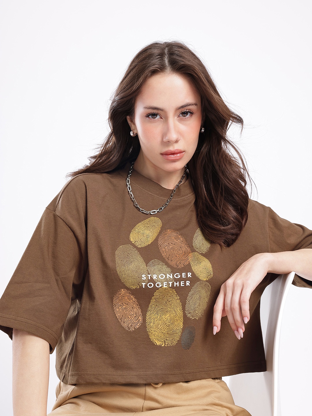 

glitchez Girl Power Printed Oversized Crop T-shirt, Coffee brown