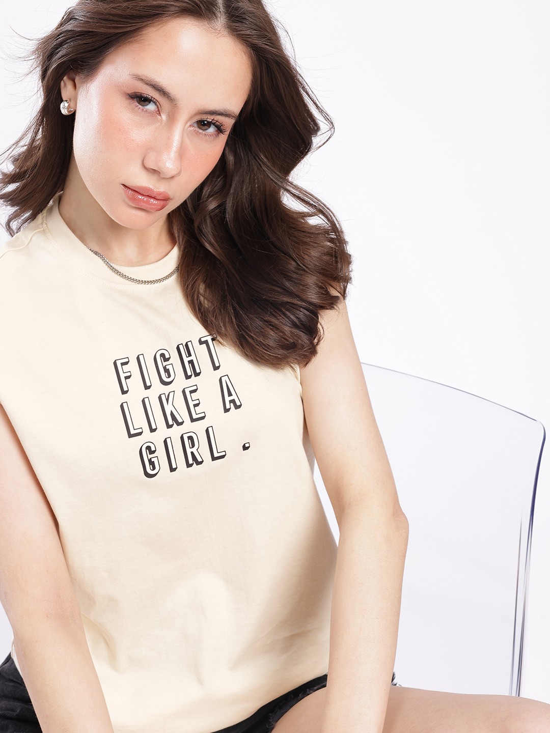 

glitchez Modern Touch Typography Printed Oversized T-shirt, Beige