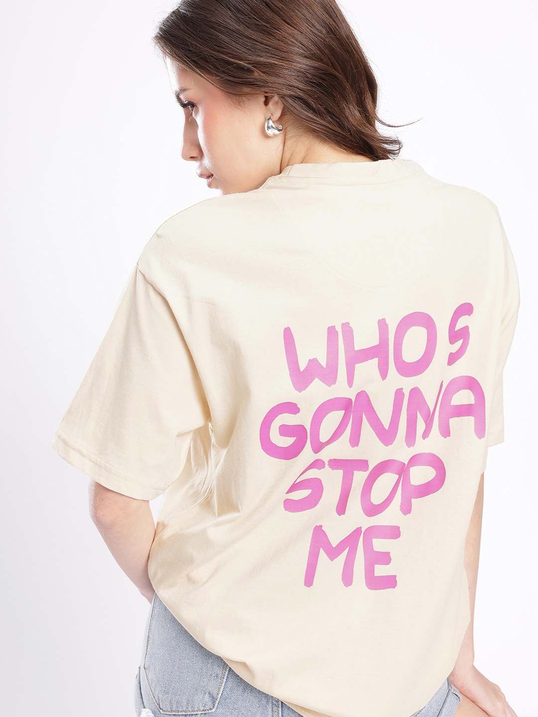 

glitchez Cool Vibe Typography Printed Oversized T-shirt, Beige