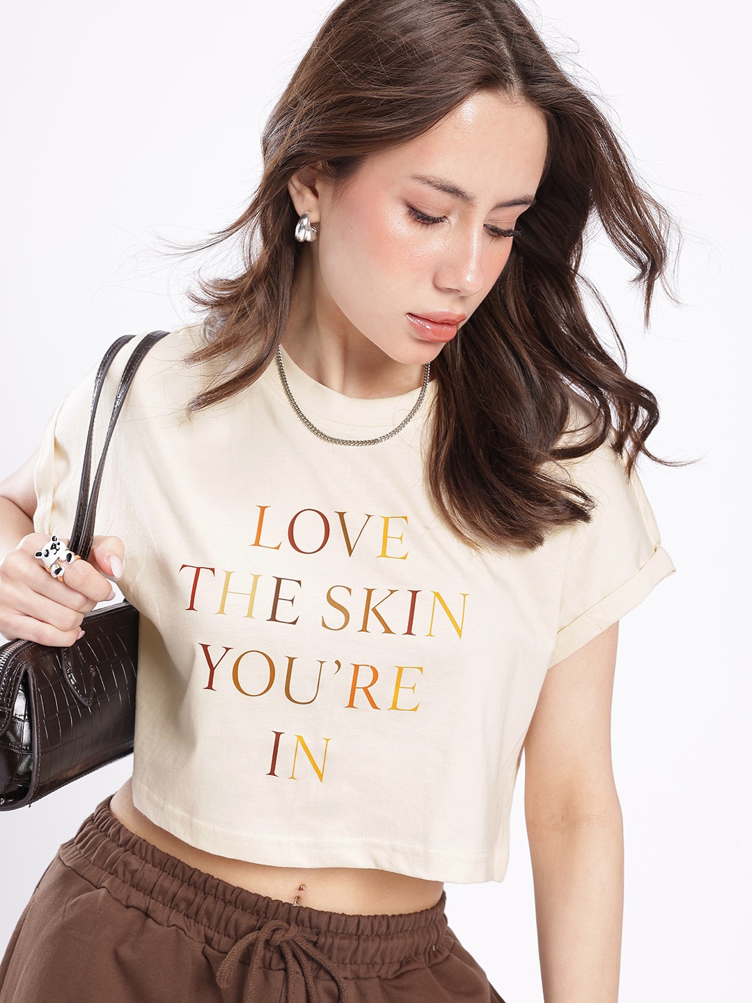 

glitchez Self Worth Printed Oversized Crop T-shirt, Off white
