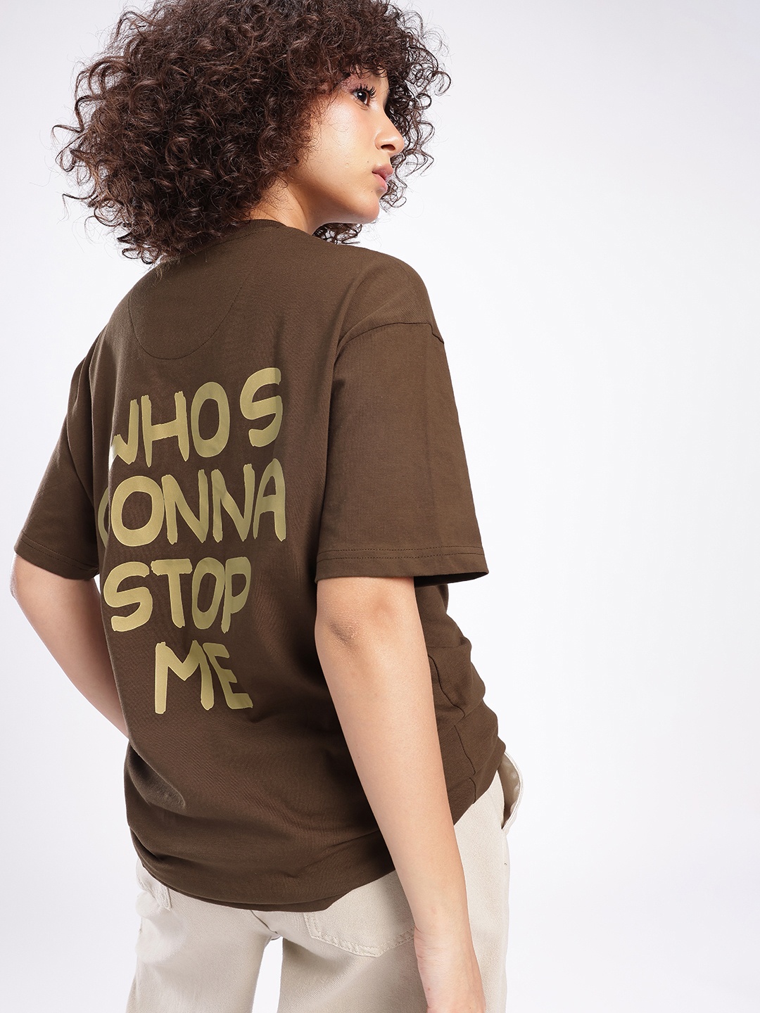 

glitchez Cool Touch Typography Printed Oversized T-shirt, Brown
