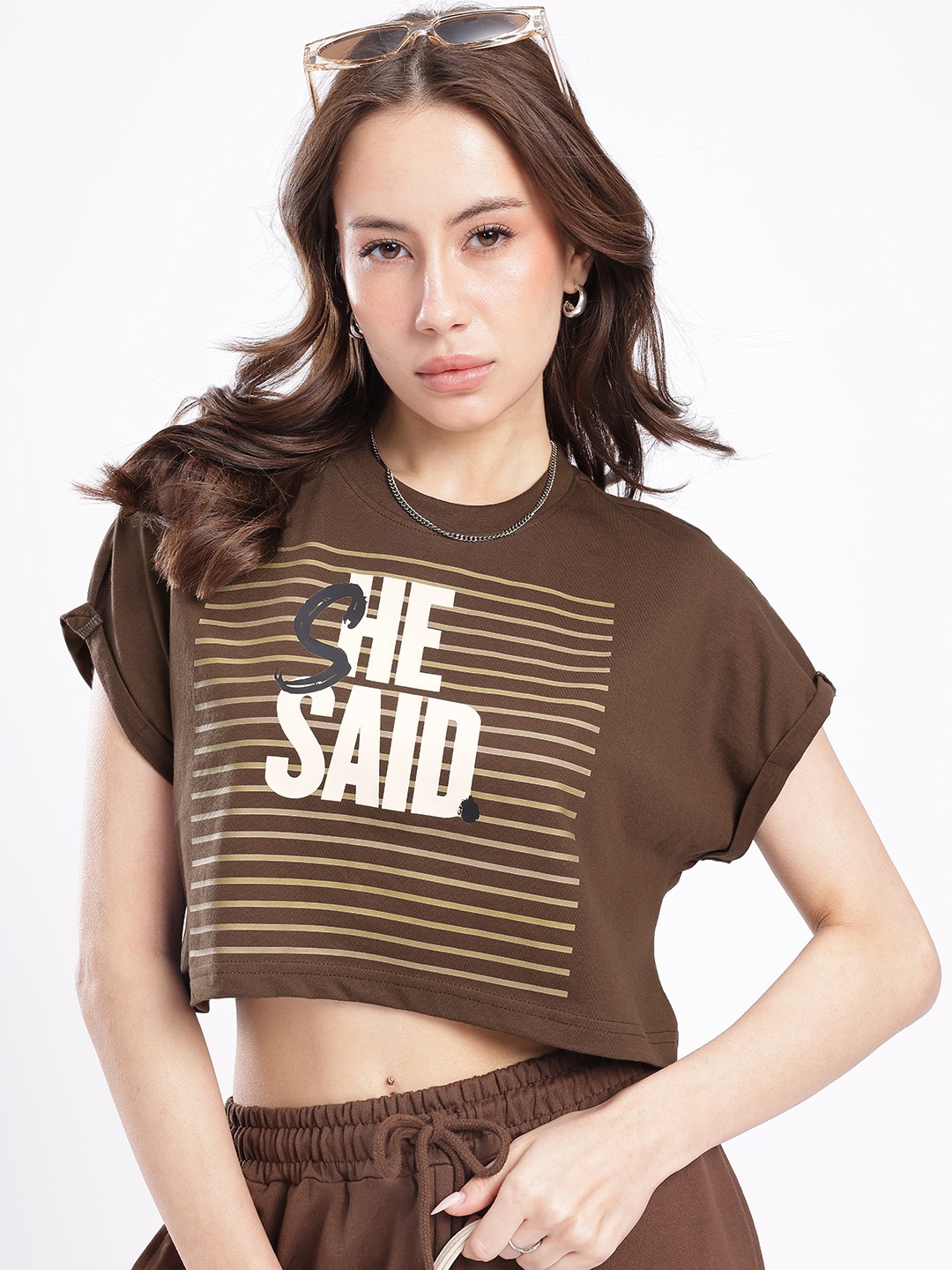 

glitchez Modern Cool Typography Printed Oversized Crop T-shirt, Brown