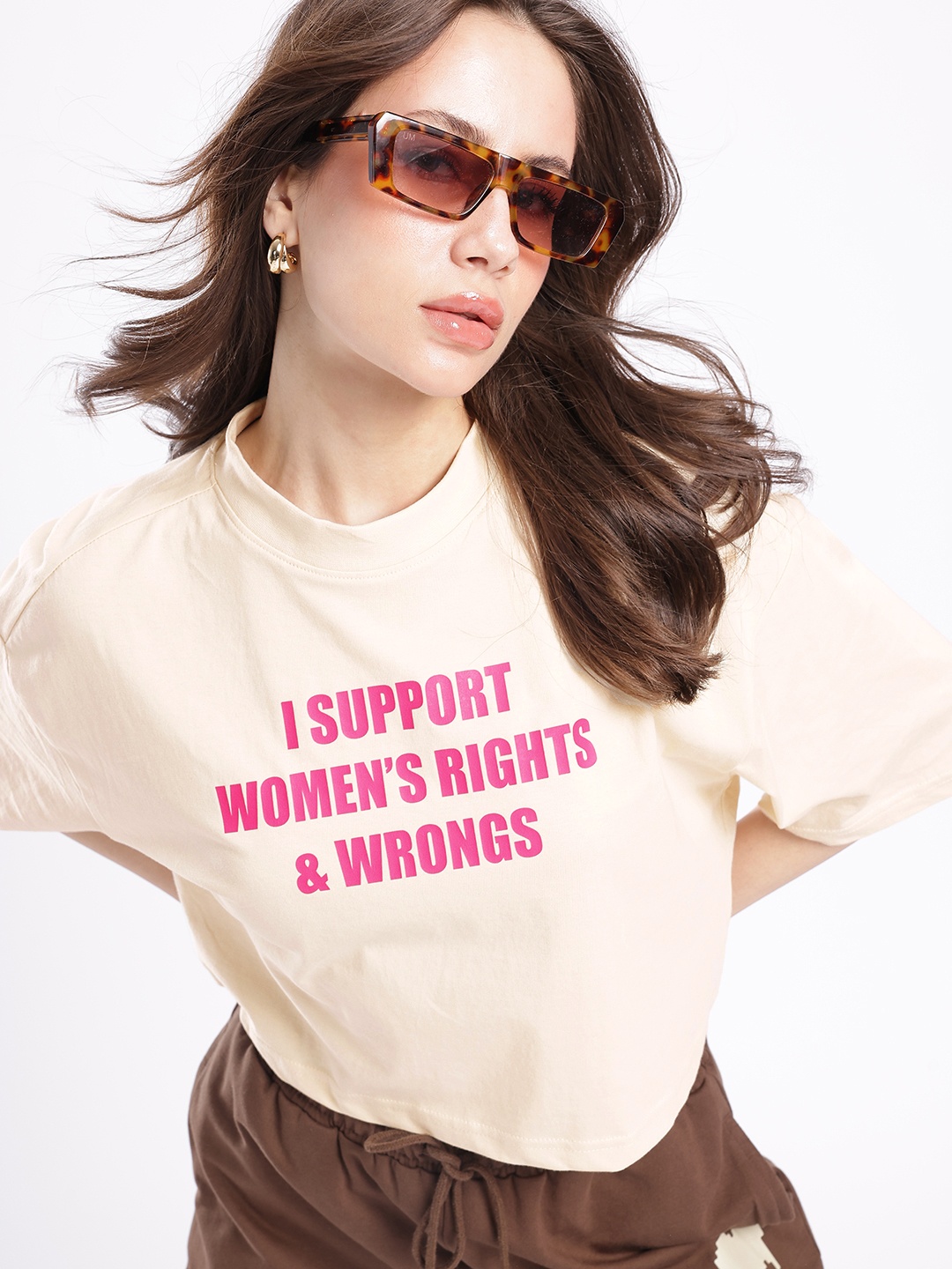 

glitchez Girl Power Printed Oversized Crop T-shirt, Off white