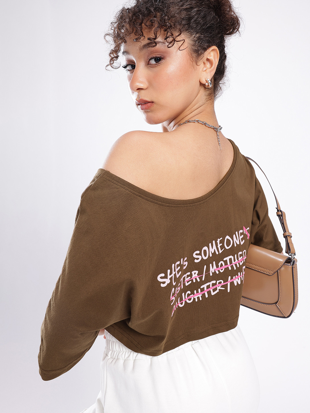 

glitchez Fearless Chic Printed Slant Shoulder Oversized Crop T-shirt, Coffee brown