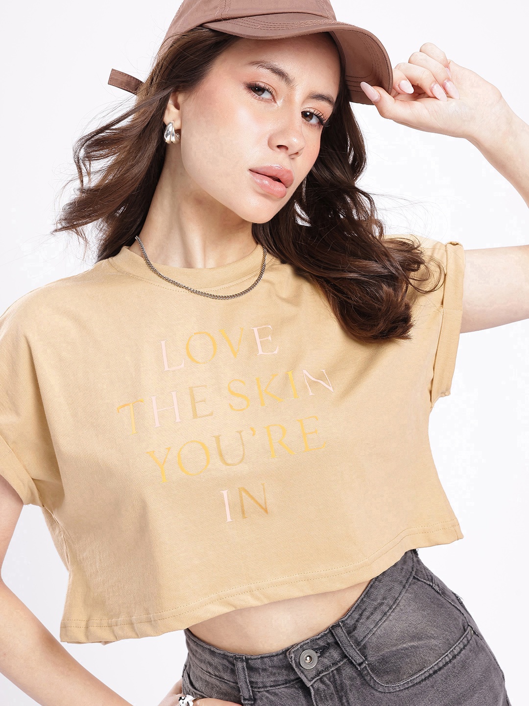glitchez Modern Touch Typography Printed Oversized Crop T-shirt, Beige
