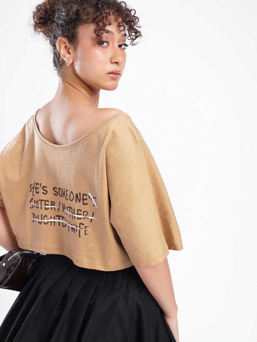 

glitchez Chic Attitude Printed Slant Shoulder Oversized Crop T-shirt, Beige