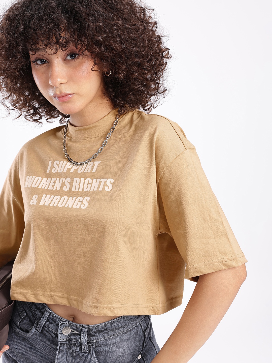 

glitchez Urban Touch Typography Printed Oversized Crop T-shirt, Beige