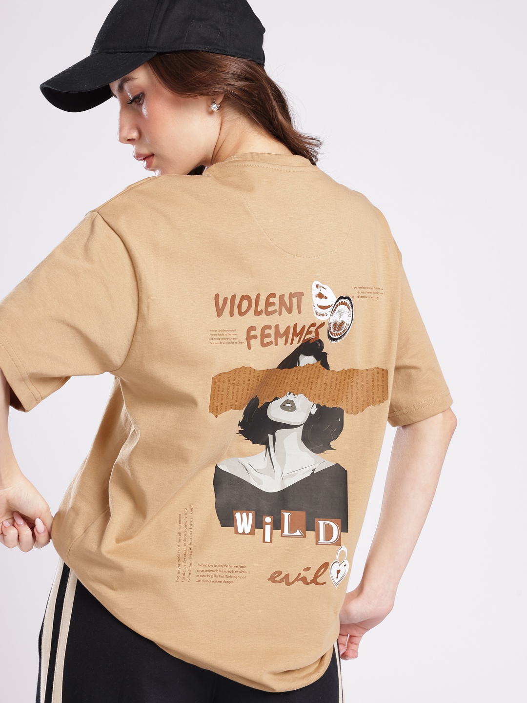 

glitchez Cool Vibe Graphic & Typography Printed Oversized T-shirt, Camel brown