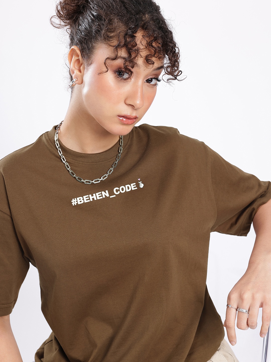 

glitchez Gal Pal Code Printed Oversized T-shirt, Coffee brown