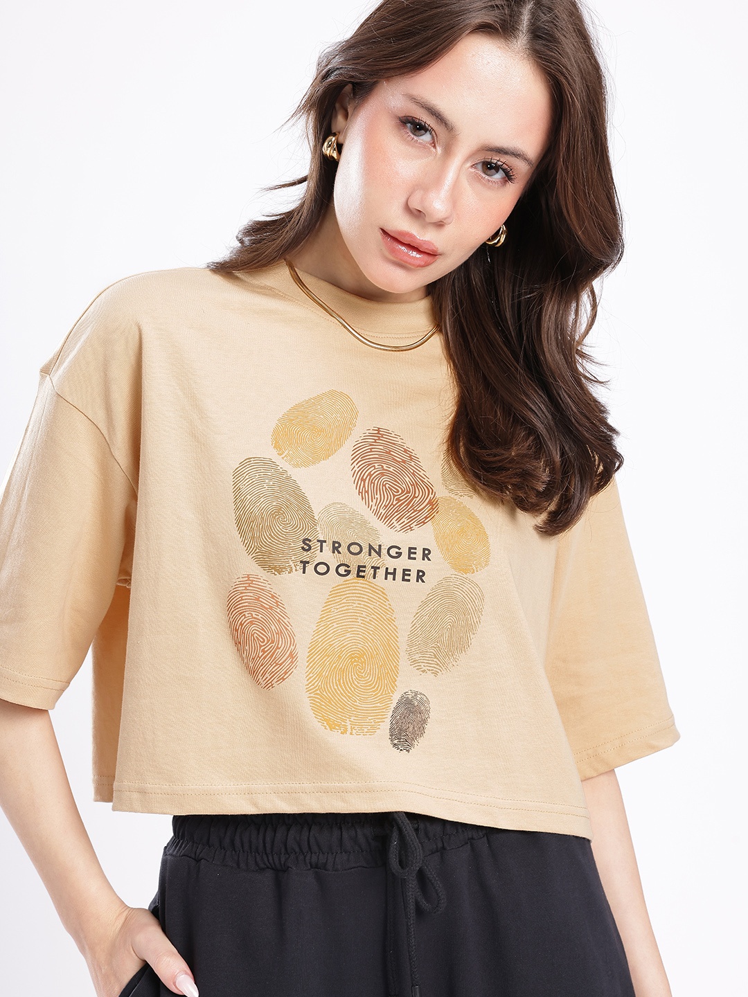 

glitchez Urban Touch Graphic Printed Oversized Crop T-shirt, Beige