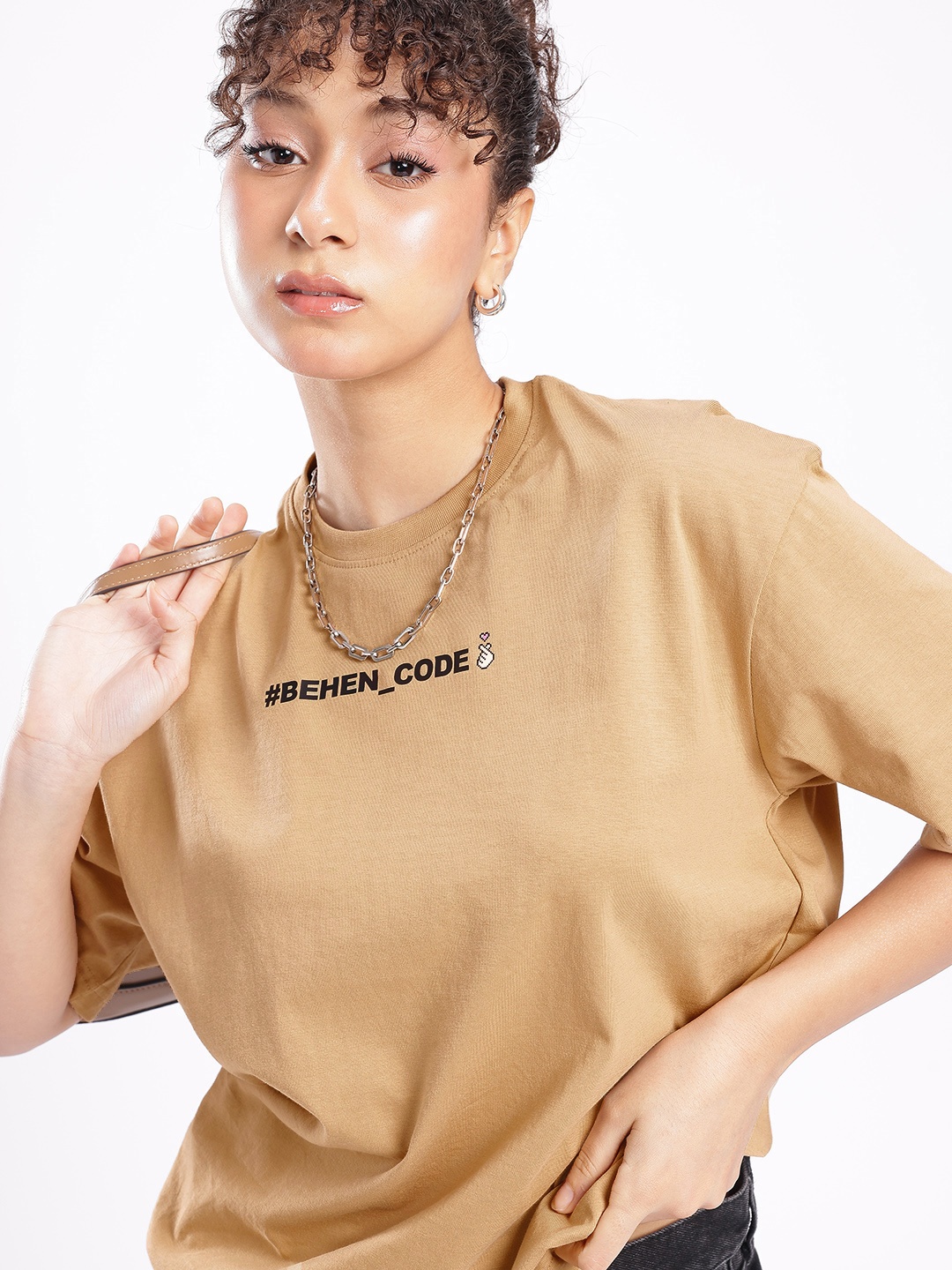 

glitchez Urban Cool Minimal Printed Oversized T-shirt, Camel brown