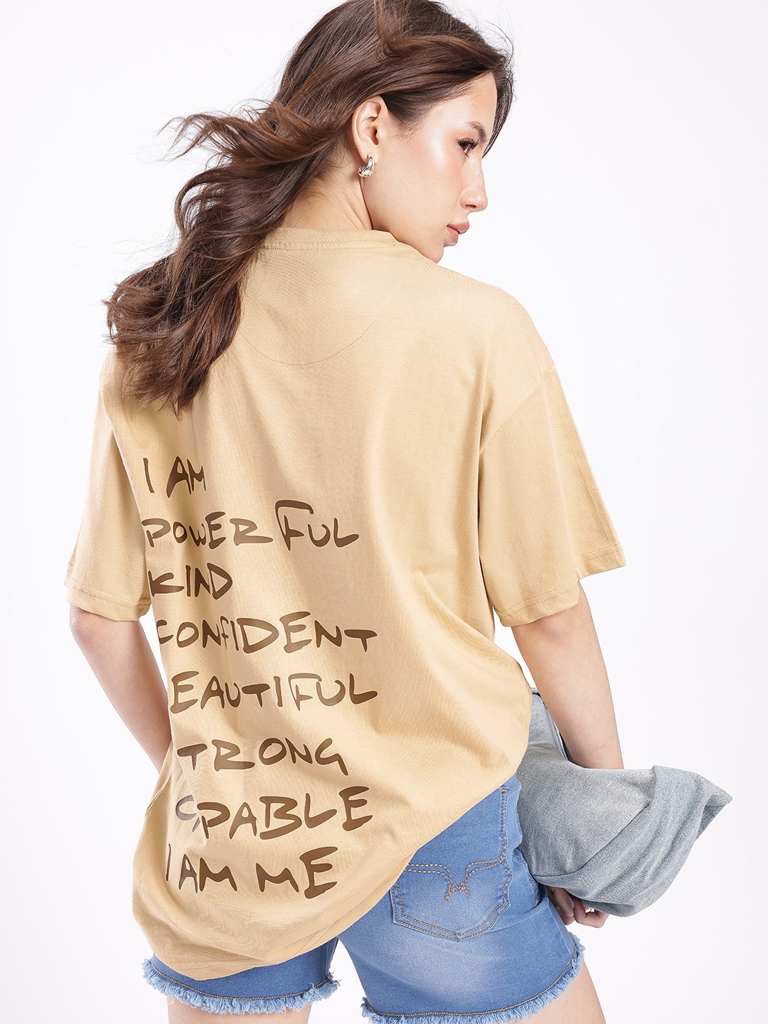 

glitchez Urban Vibe Typography Printed Oversized T-shirt, Beige