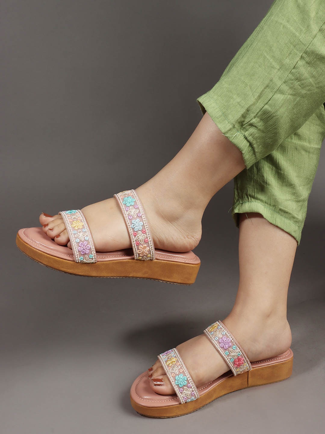 Anouk Embellished Wedge Sandals, Peach
