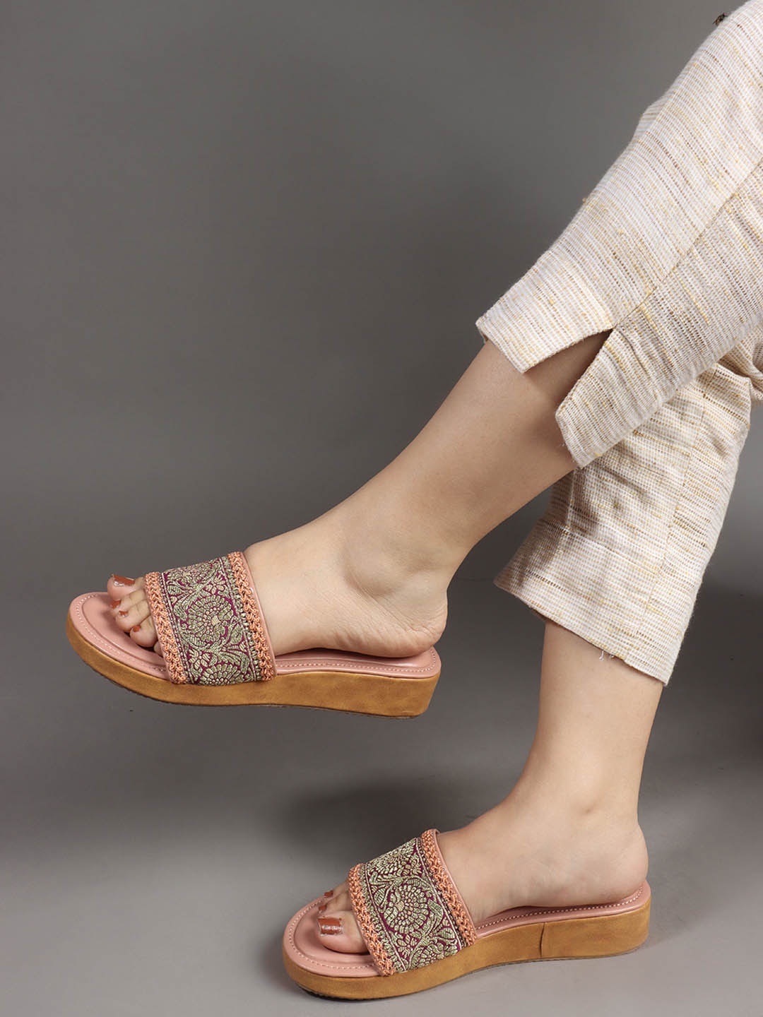 Anouk Embellished Wedge Sandals, Peach