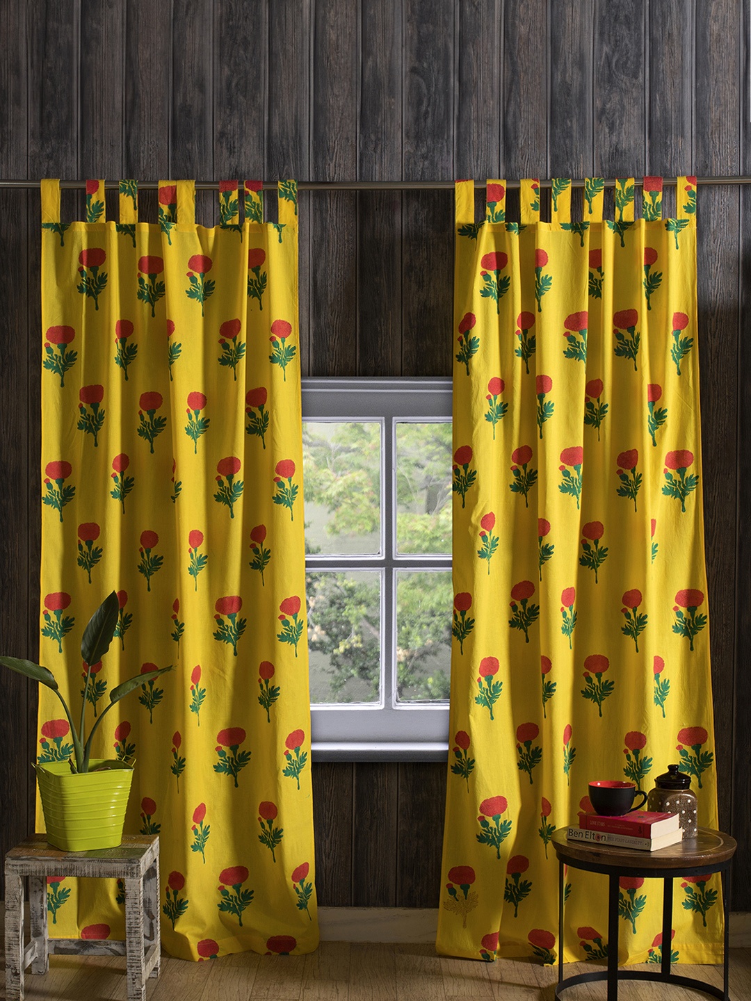 

HANDICRAFT PALACE Yellow & Green Set of 2 Floral Door Curtain