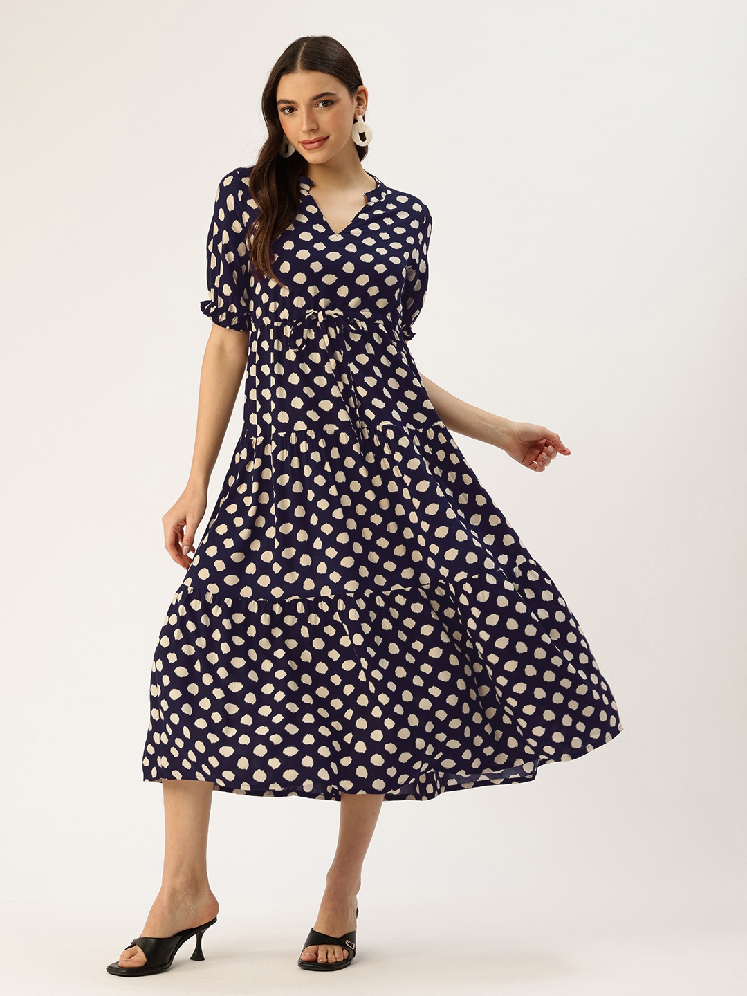 

AMUKTI Polka Dot Printed Tiered Fit & Flare Midi Ethnic Dress, Blue