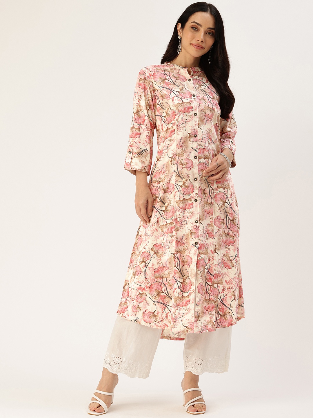 

AMUKTI Floral Printed Mandarin Collar Kurta, Off white