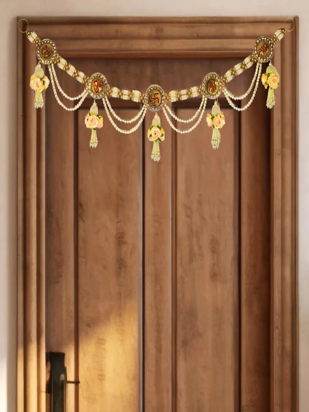 

THE HOME CO. White & Yellow Pearl Beaded & Rose Shubh Labh Auspicious Blessings Toran