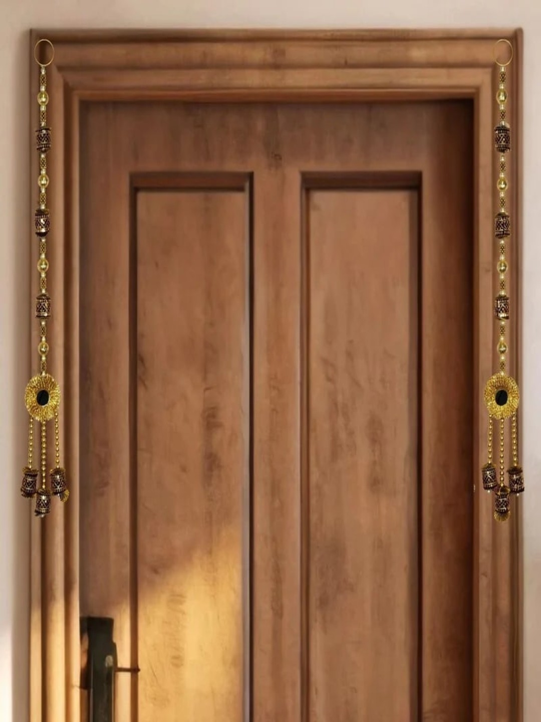 

THE HOME CO. 2-Pcs Yellow Side Hanging Pearl Toran With Gota & Mirror, Gold
