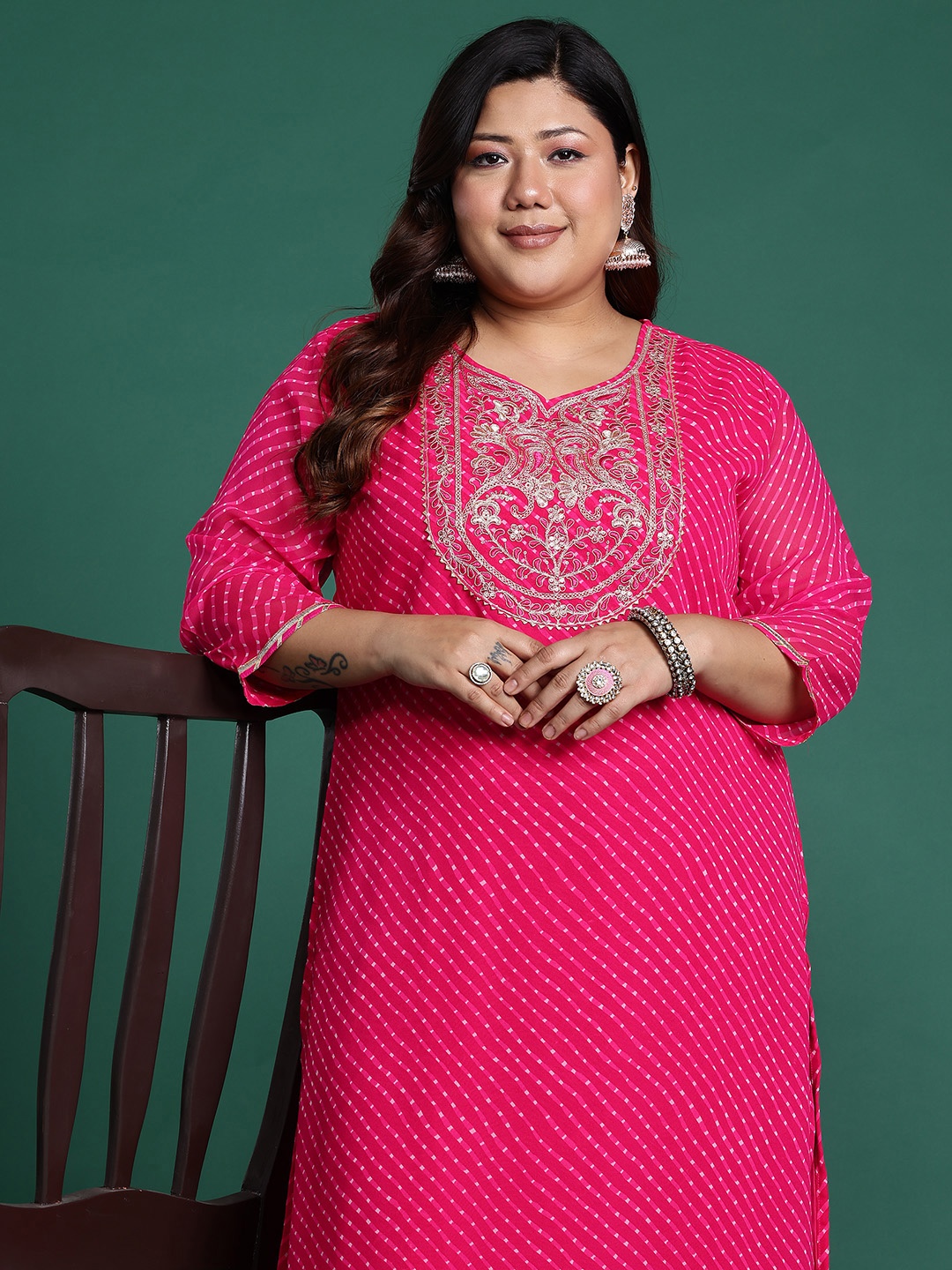 

Indo Era Plus Size Ethnic Motifs Embroidered Sequinned Georgette Kurta, Pink