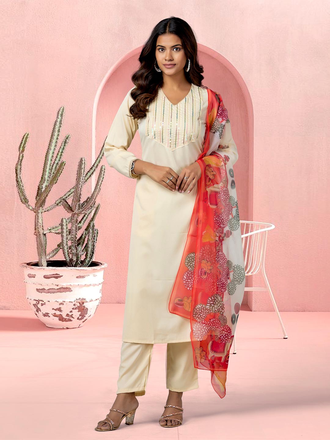 

Anouk Rustic Women Embroidered Pleated Sequinned Kurta with Trousers & With Dupatta, Cream