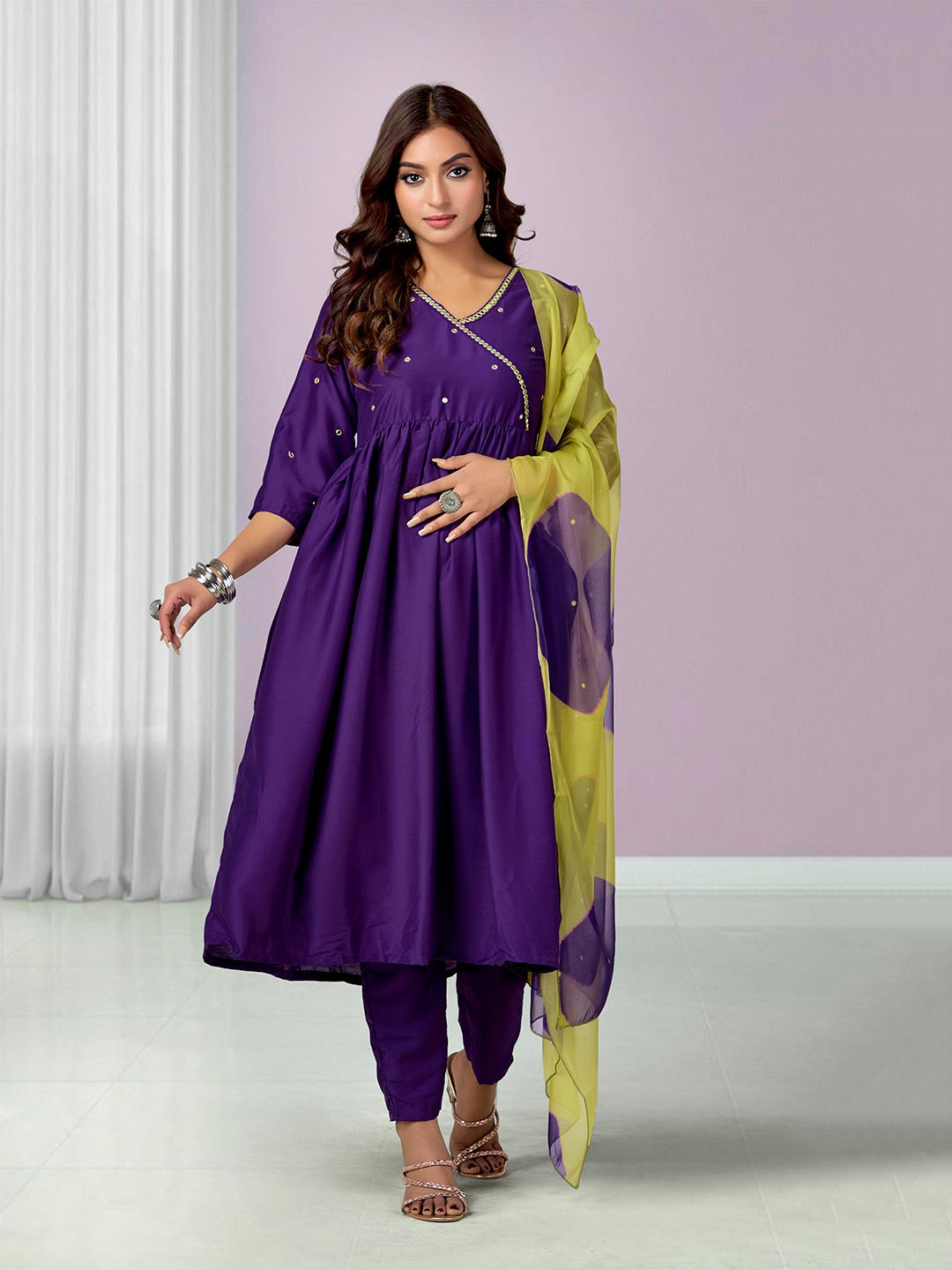 

Anouk Rustic Women Ethnic Motifs Embroidered Pleated Mirror Work Kurta with Trousers & With Dupatta, Purple