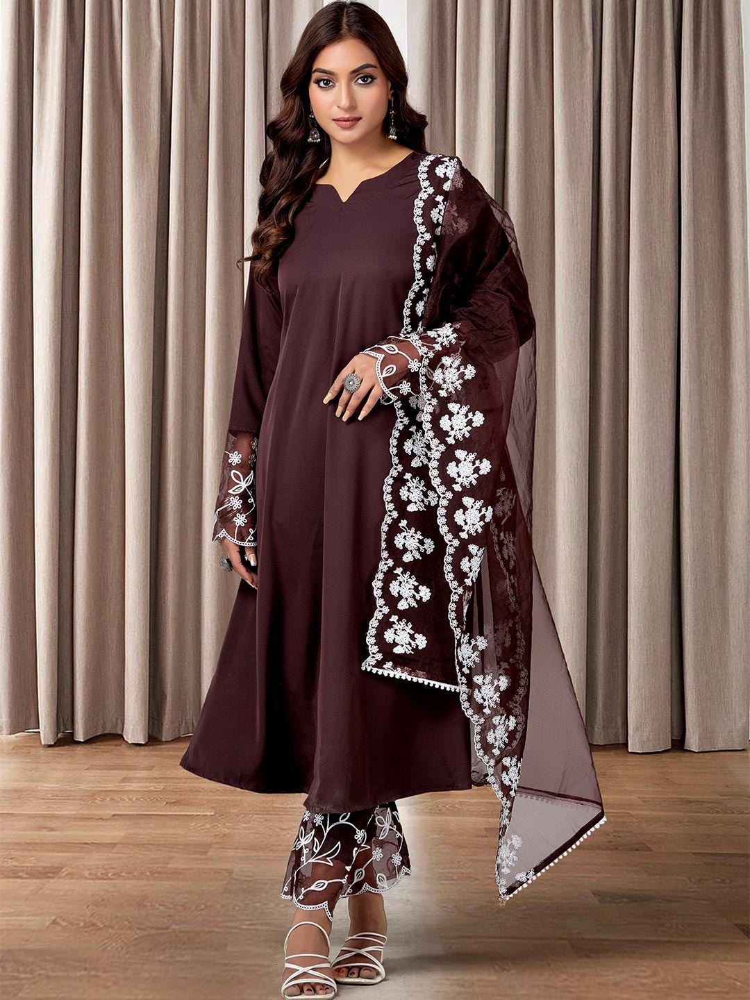 

Anouk Rustic Women Ethnic Motifs Pleated Thread Work Kurta with Trousers & With Dupatta, Brown