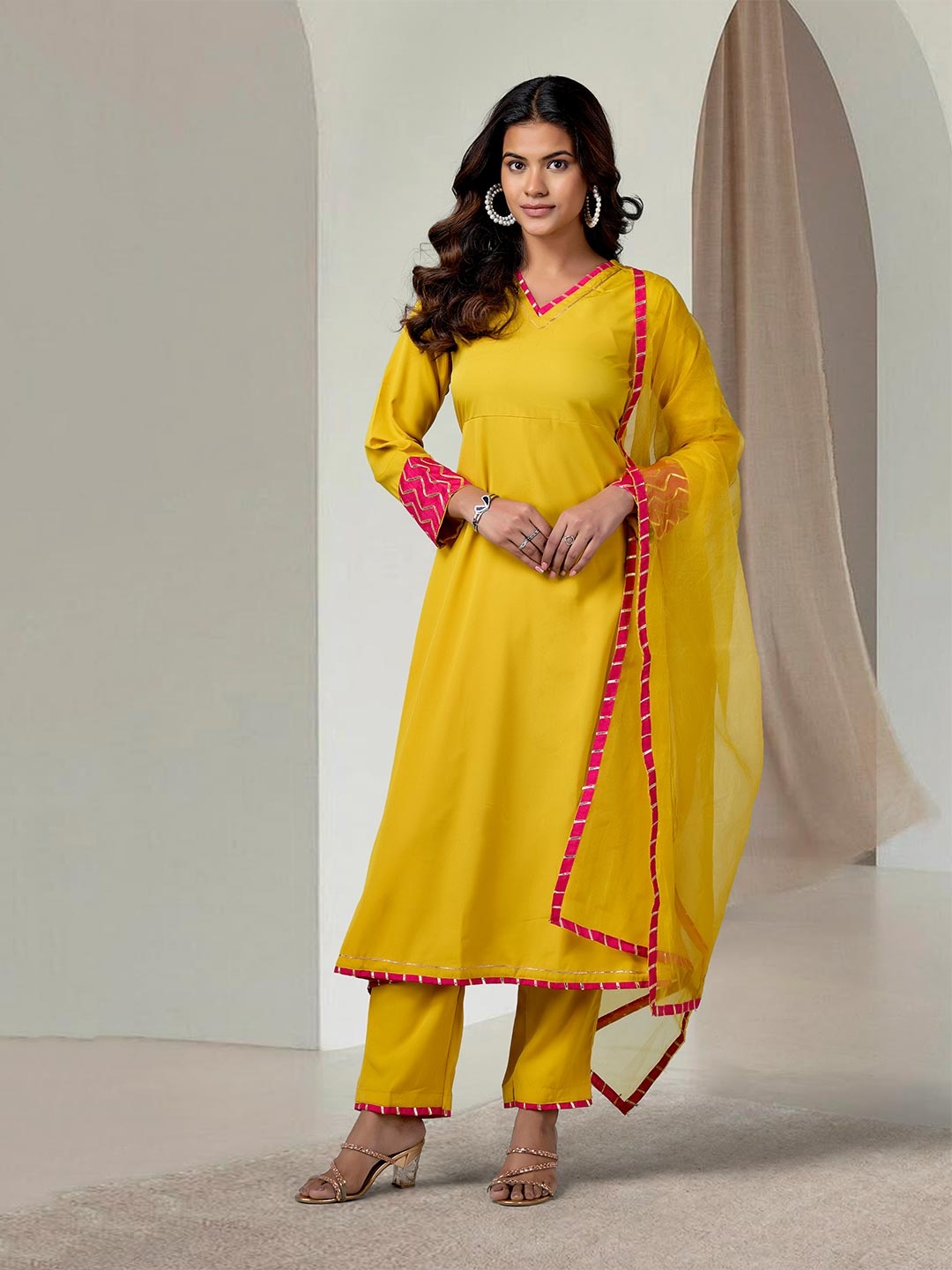 

Anouk Rustic Women Pleated Gotta Patti Kurta with Trousers & With Dupatta, Yellow