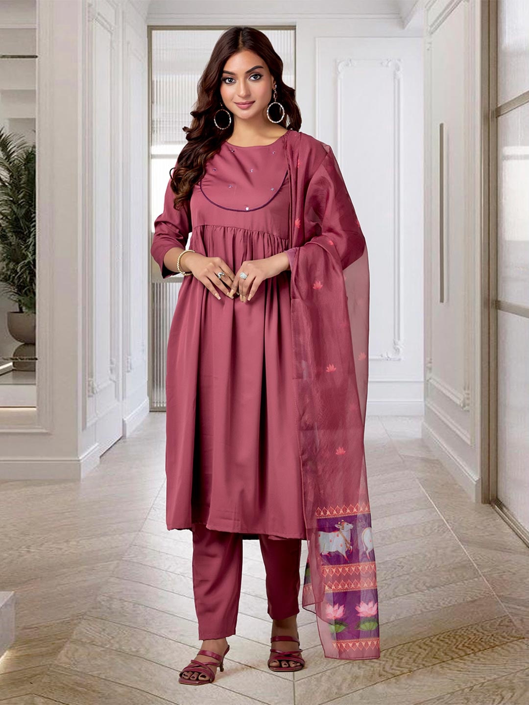 

Anouk Rustic Women Ethnic Motifs Embroidered Pleated Mirror Work Kurta with Trousers & With Dupatta, Burgundy