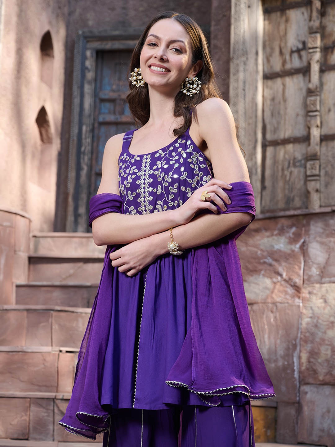 

Stylum Women Ethnic Motifs Embroidered Empire Mirror Work Kurti with Sharara & With Dupatta, Violet