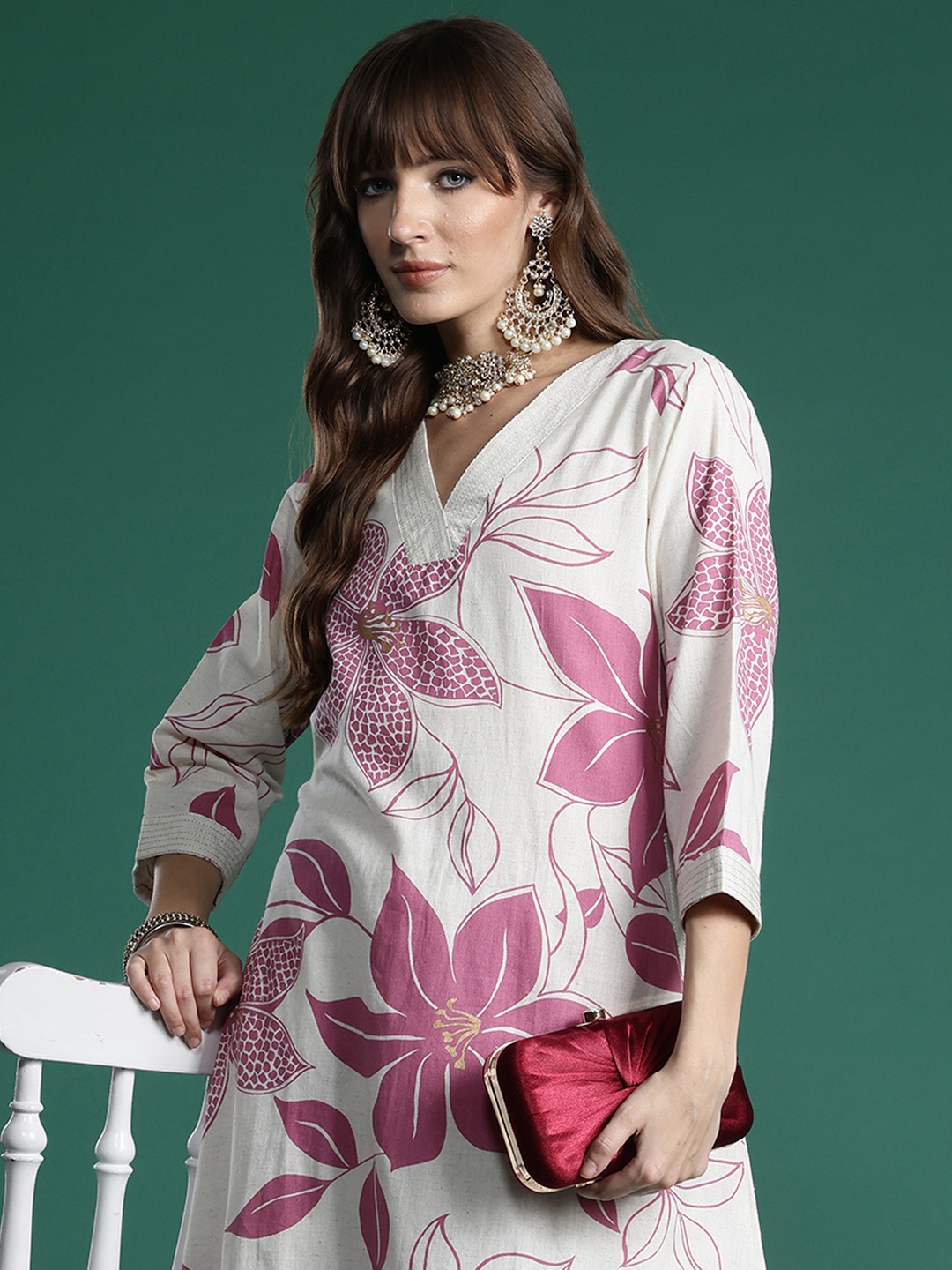

Indo Era Women Floral Printed Regular Pure Cotton Kurta with Palazzos, White