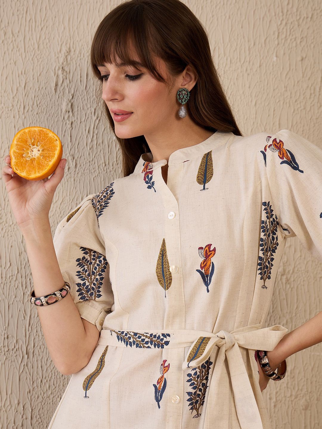 

Indo Era Women Floral Printed Khadi Kurta, White