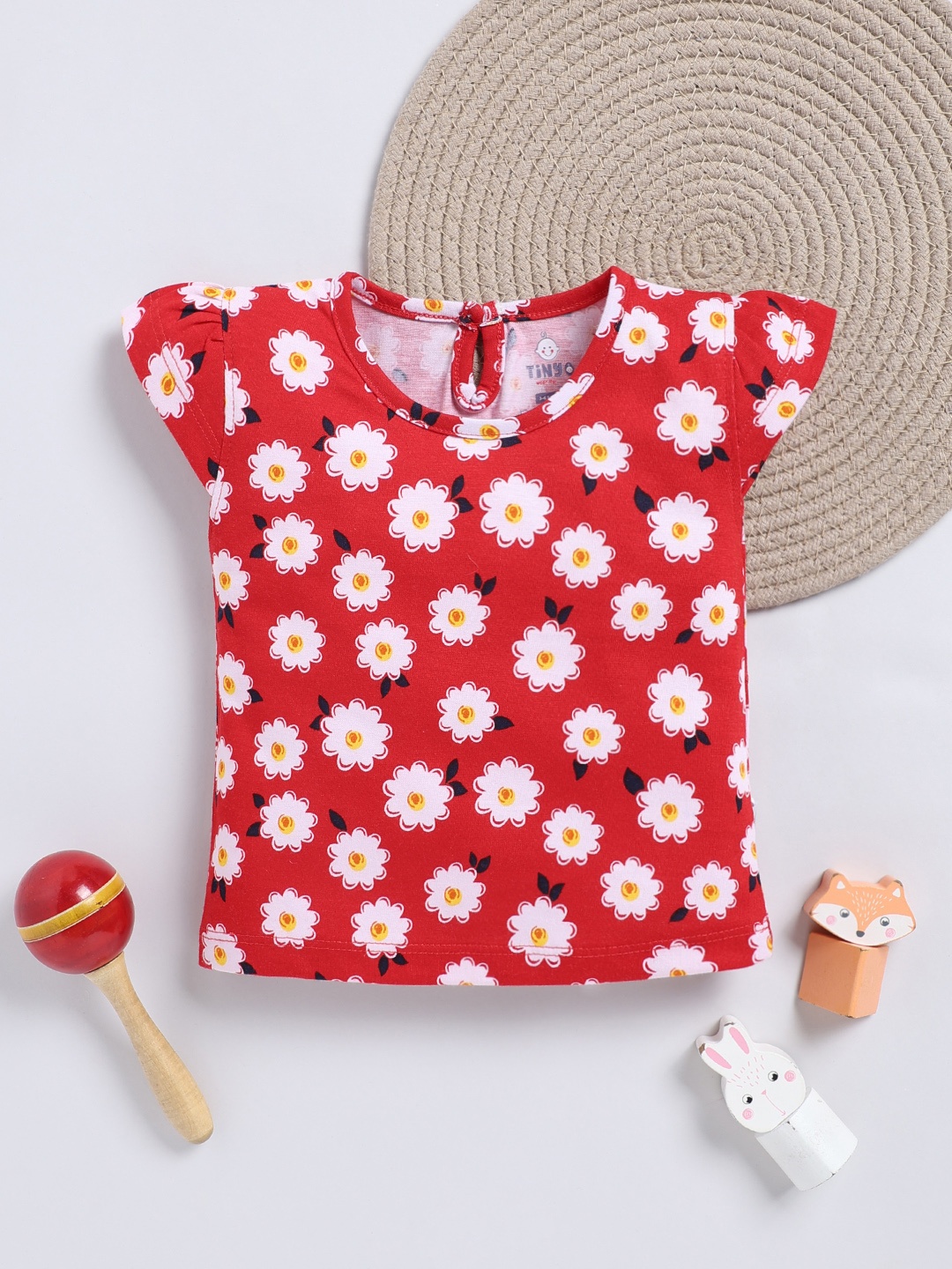 

YK X Tinyo Girls Floral Printed Cotton Top, Red