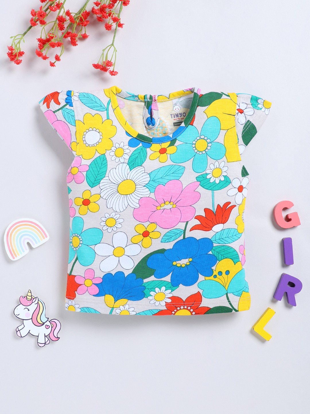 

YK X Tinyo Girls Floral Printed Cotton Top, Multi