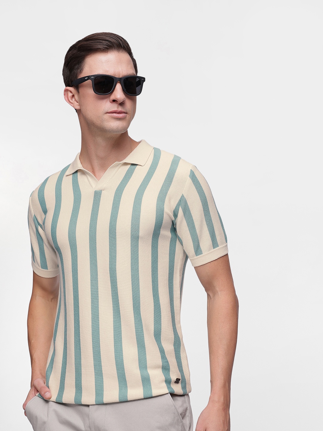 

French Connection Men Striped Pure Cotton Polo Collar T-shirt, Off white