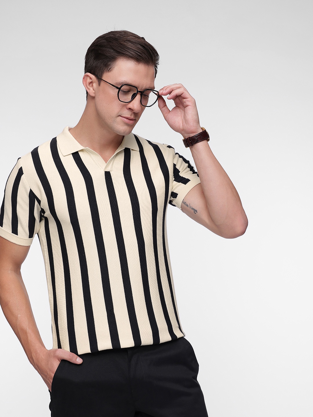 

French Connection Striped Pure Cotton Polo Collar T-shirt, Off white