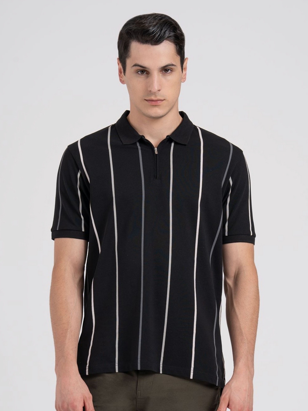 

Red Tape Men Striped Polo Collar Pure Cotton T-shirt, Black