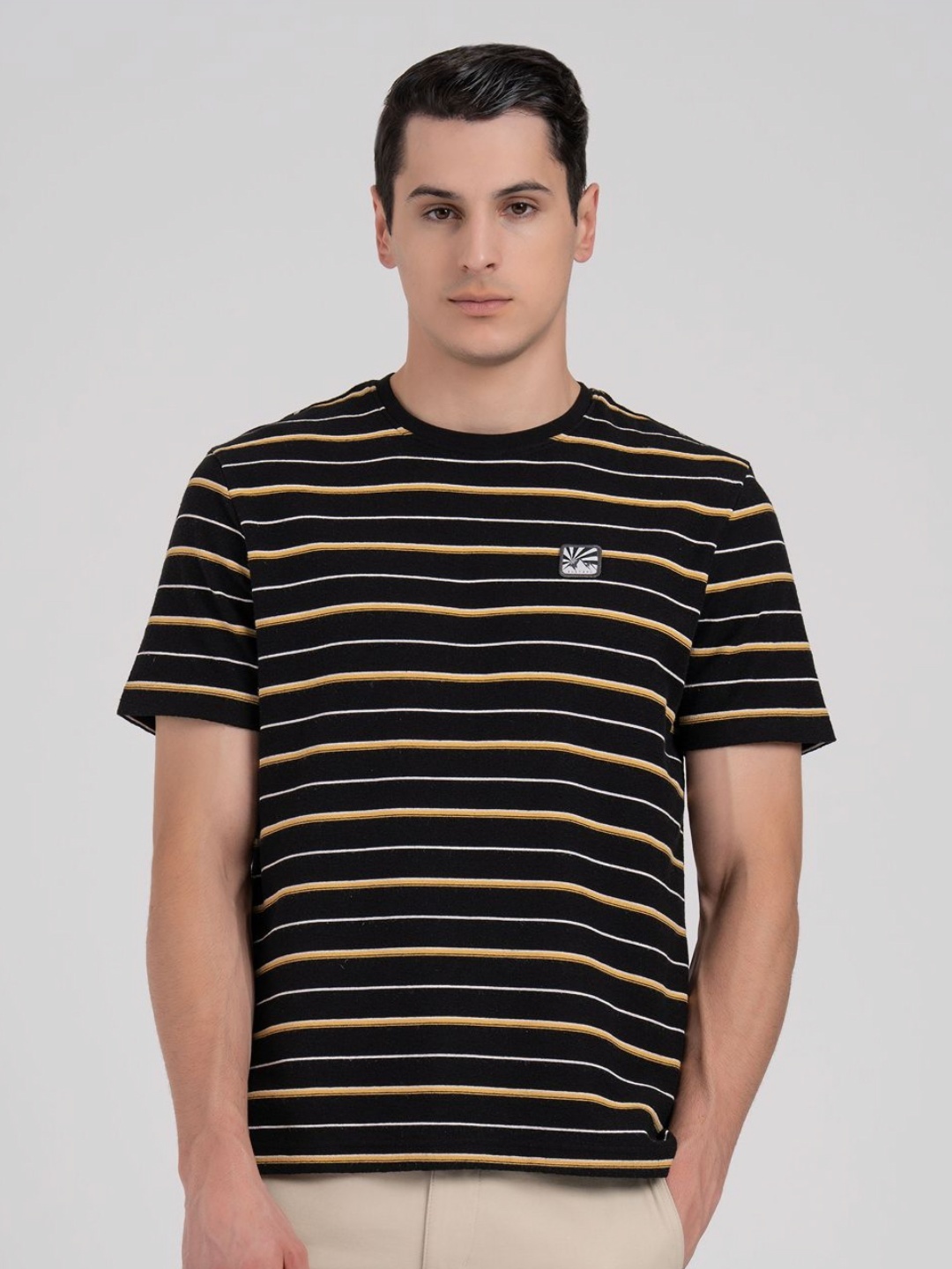 

Red Tape Men Striped Pure Cotton T-shirt, Black