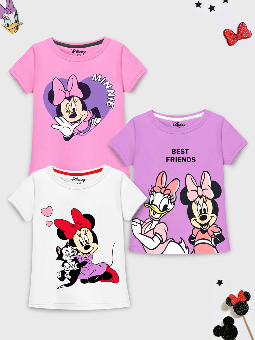 

YK Disney Girls Pack of 3 Minnie & Daisy Graphic Printed T-Shirt, White