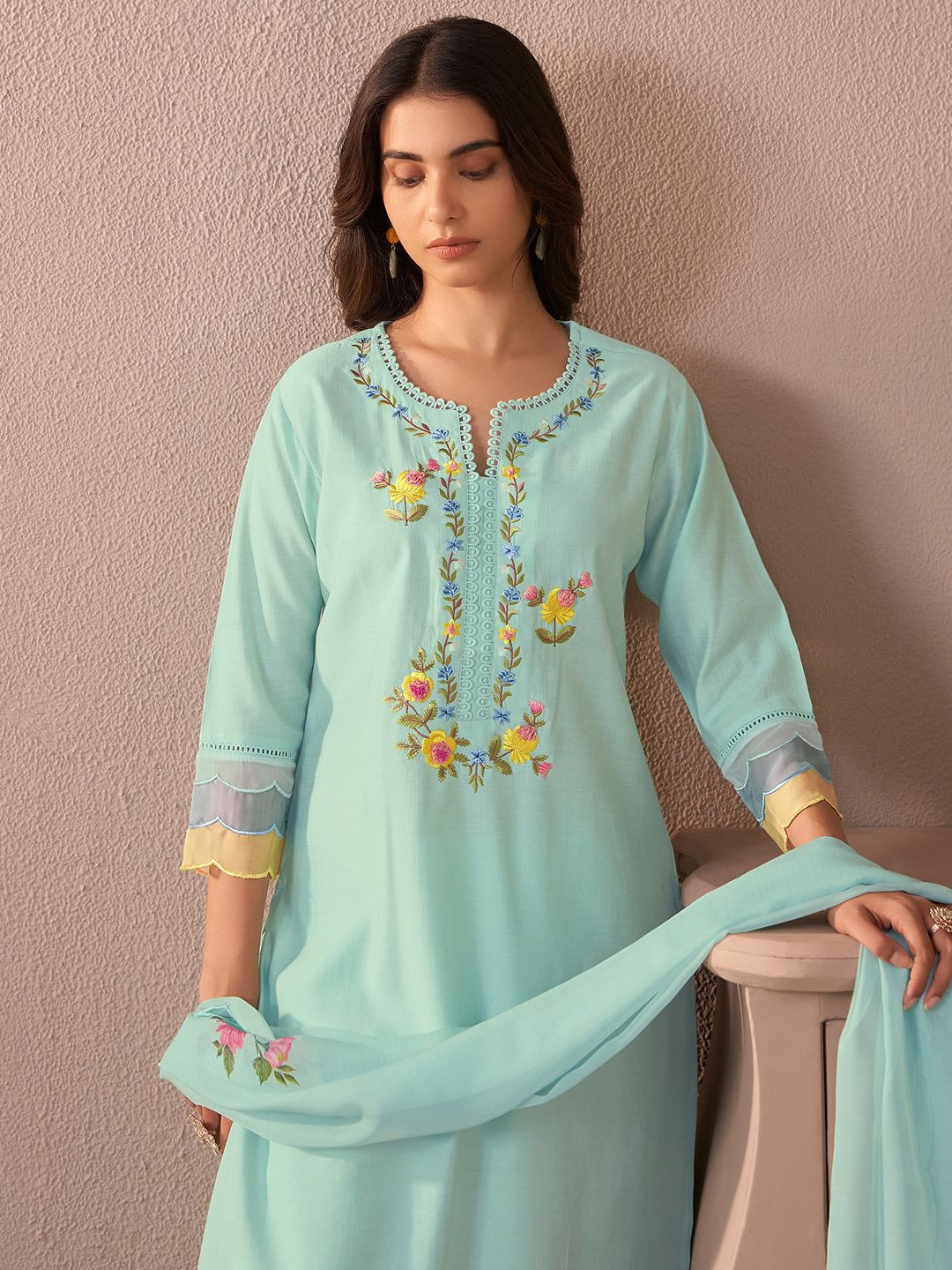 Indo Era Women Floral Embroidered Regular Thread Work Kurta with Trousers & With Dupatta, Green