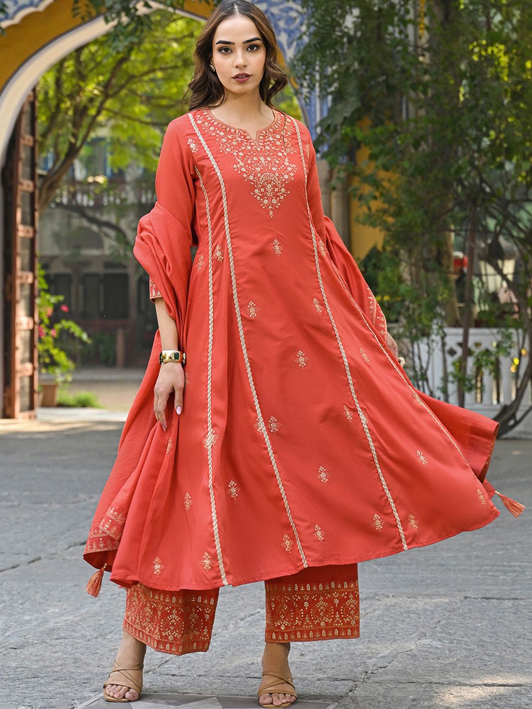

KALINI Women Embroidered Empire Sequinned Kurta with Palazzos & With Dupatta, Orange