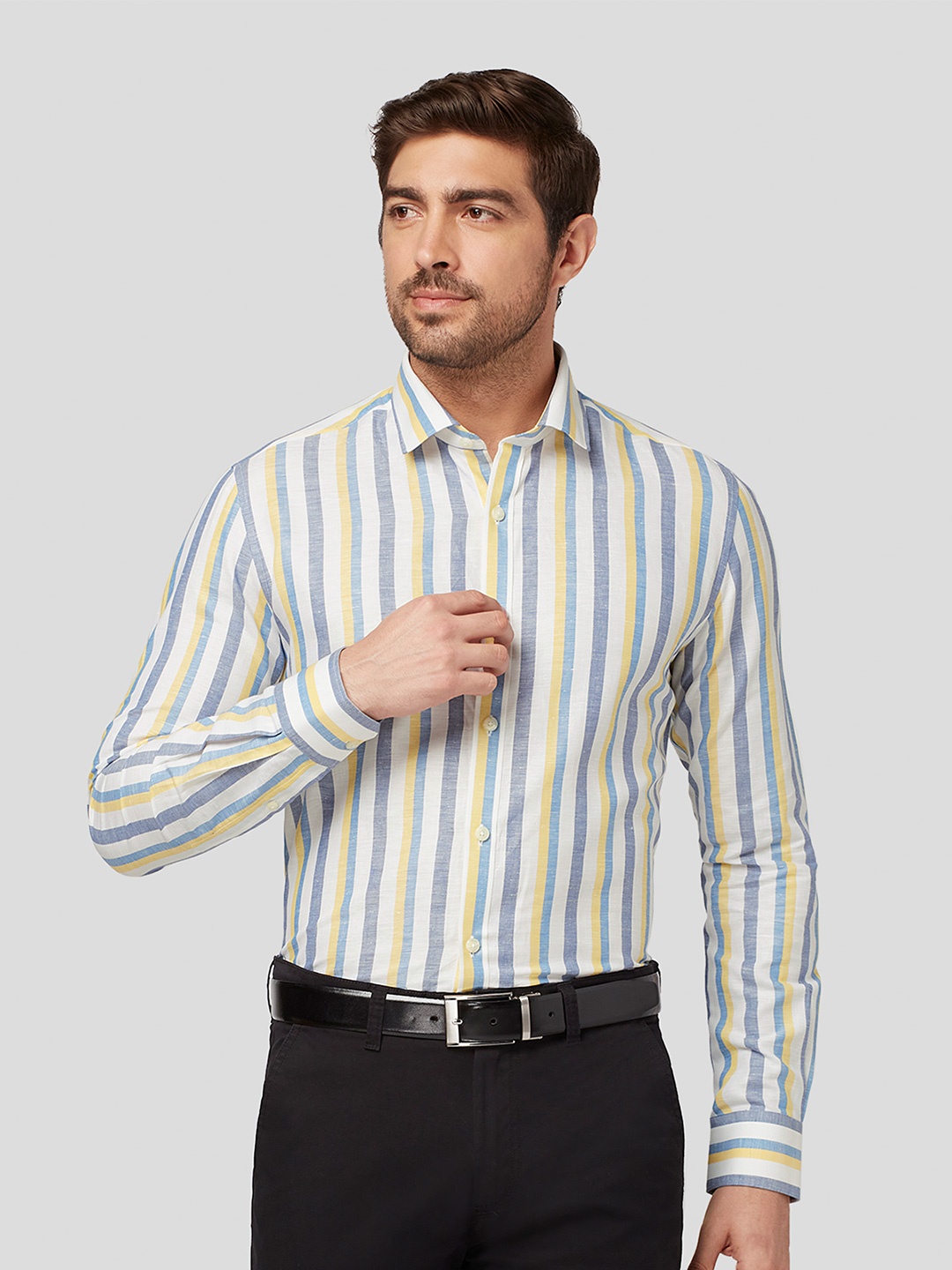 

Zest Melange Men Premium Slim Fit Opaque Striped Formal Shirt, Yellow