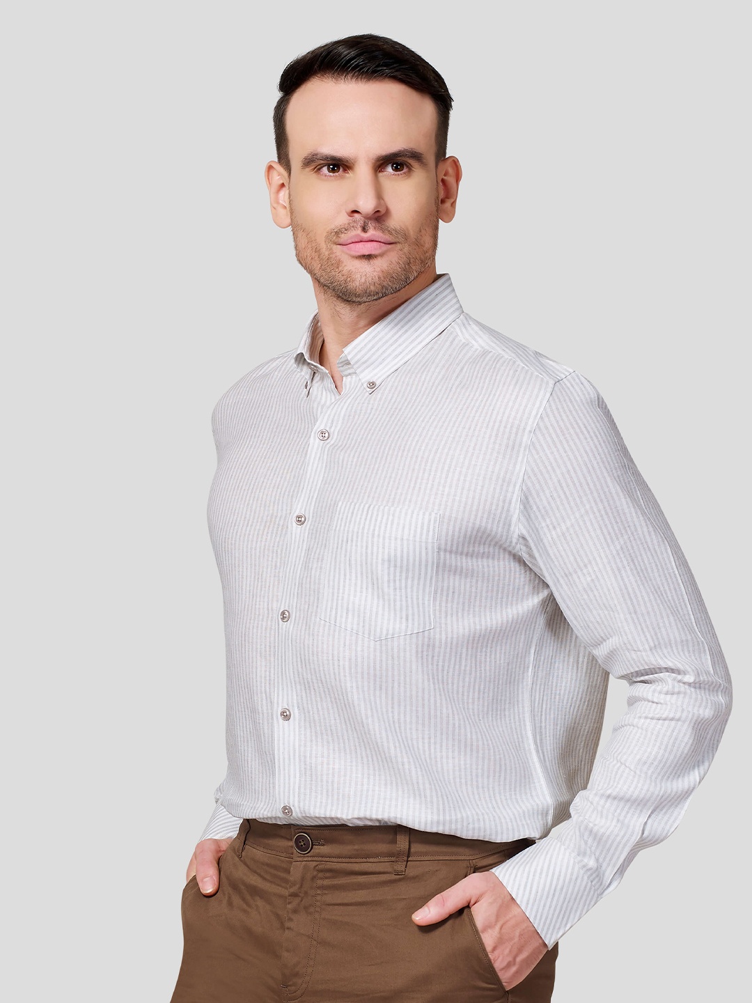 

Zest Melange Men Premium Opaque Striped Formal Shirt, Beige