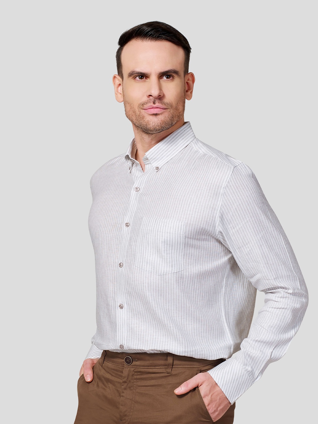 

Zest Melange Men Premium Slim Fit Opaque Striped Formal Shirt, Beige