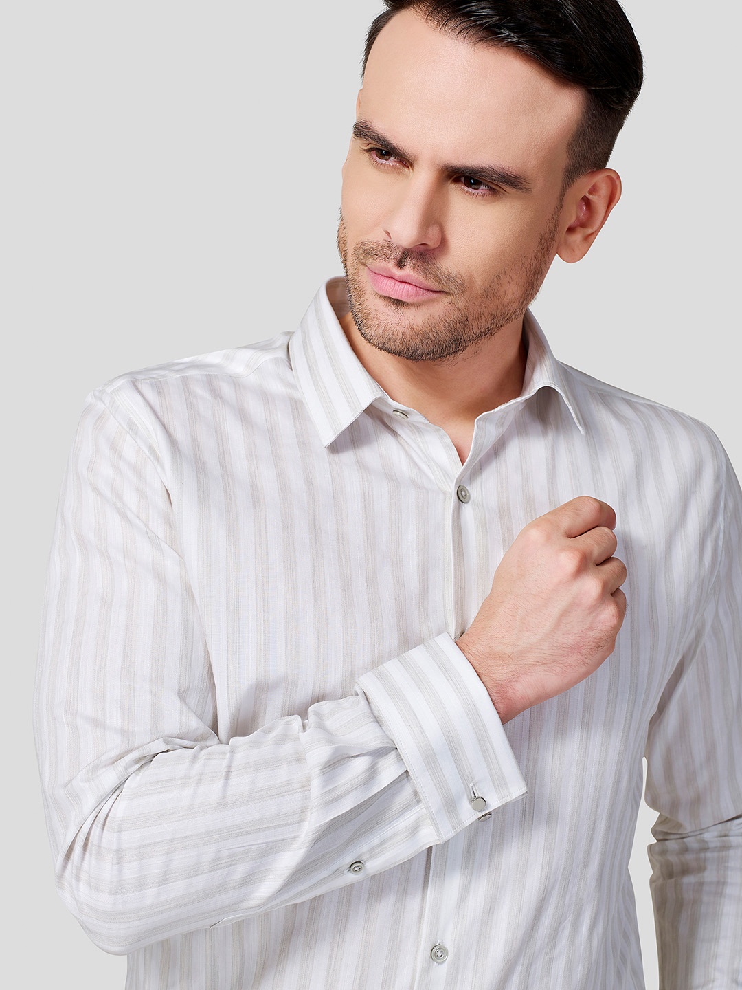 

Zest Melange Men Premium Slim Fit Opaque Striped Formal Shirt, Beige