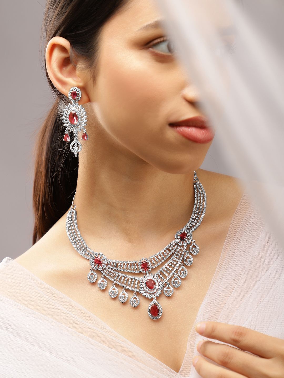 

Rubans Rhodium-Plated Ruby Red & White Cubic Zirconia Studded Layered Choker Jewellery Set, Silver