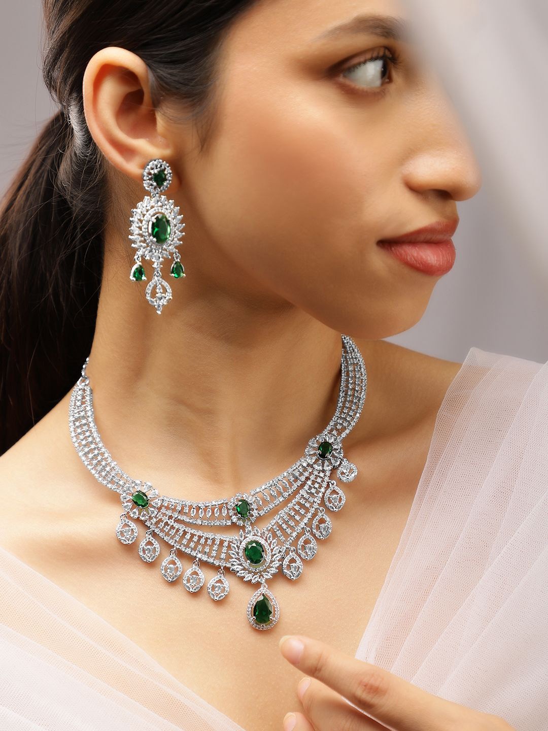 

Rubans Rhodium-Plated Emerald Green & White Cubic Zirconia Layered Choker Jewellery Set, Silver