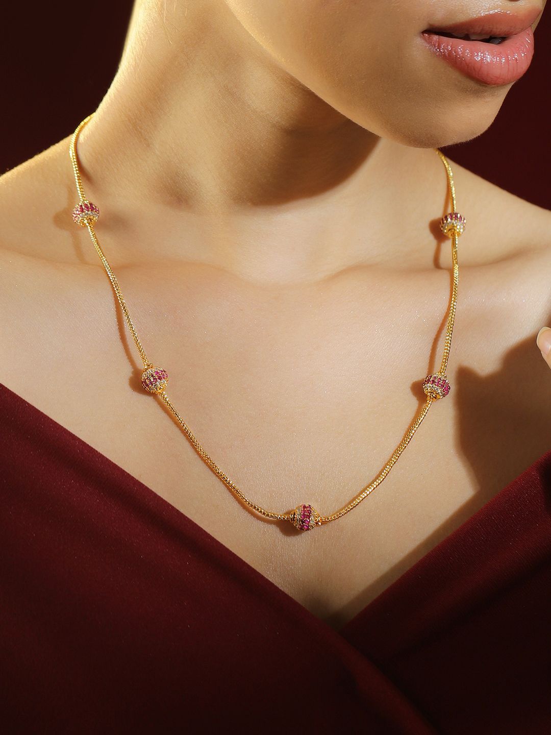 

Rubans 22K Gold-Plated Sleek Chain Necklace with Ruby Pink & Cubic Zirconia Encrusted Bead