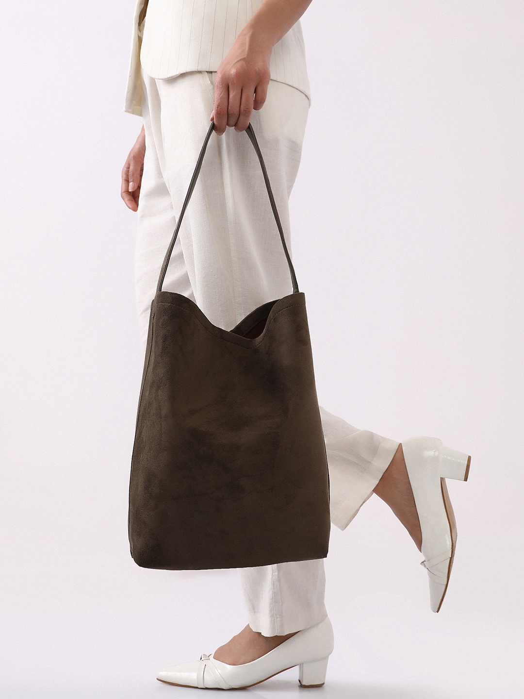 HAUTE SAUCE by Campus Sutra Suede Bowling Shoulder Bag, Brown